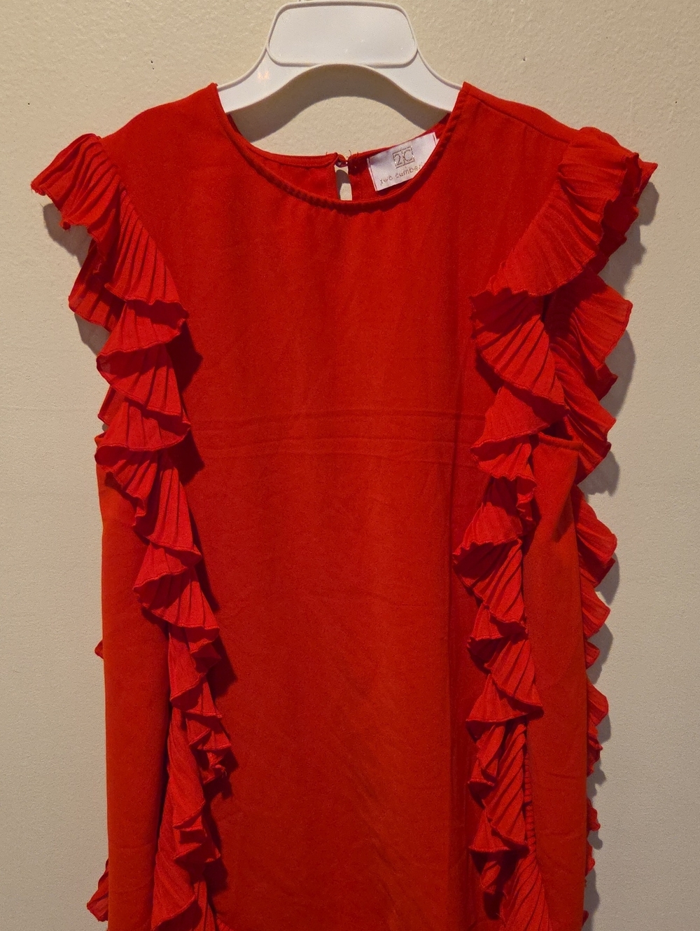 ❤️ TWO CUMBERLAND PLEATED RUFFLE MINI SHIFT DRESS, RED, MEDIUM - Picture 3 of 9